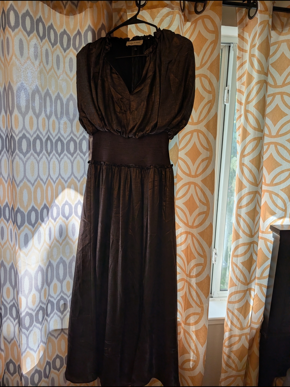 Smocked-Waist Black Maxi Dress with Puff Sleeves